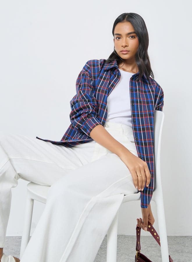 Navy Checked Oversized Button Shirt - Image 1