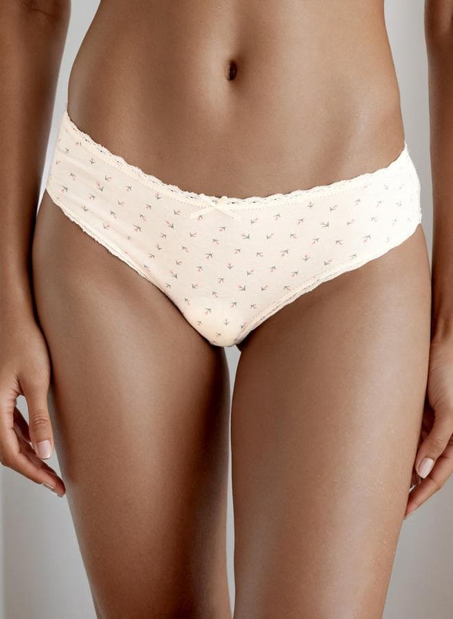Floral Low-Rise Cotton Bikini Briefs Beige - Image 1