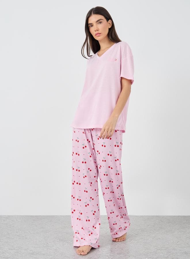 Cherry Print V-Neck Pyjama Set Pink Full-Length - Image 1