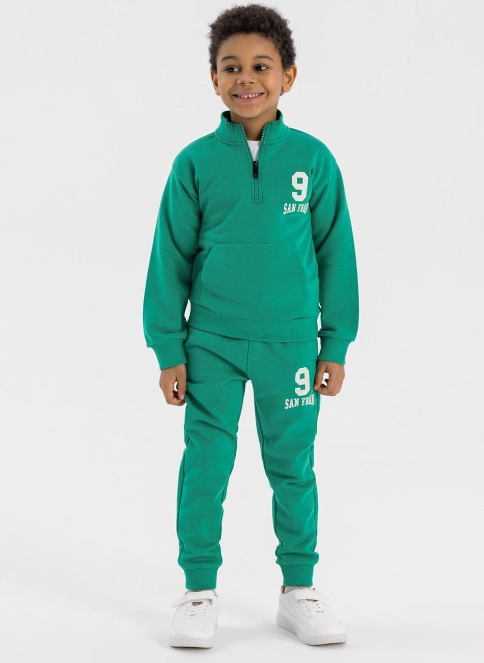 Green Half Zip Boys Tracksuit Set Cotton Fleece - Image 1