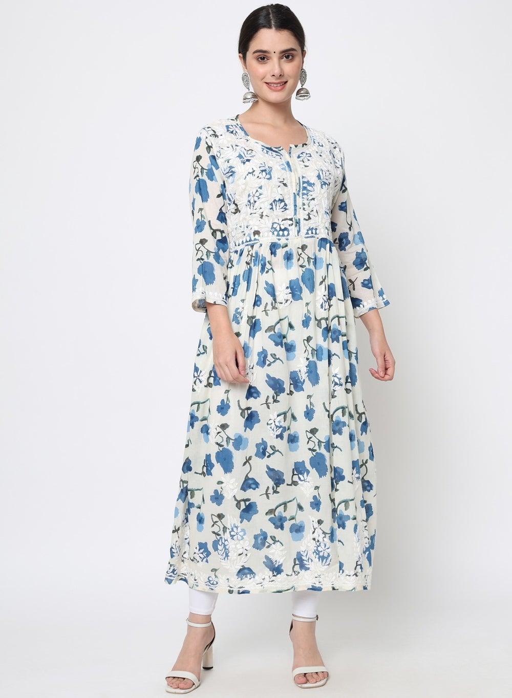 Navy Chikankari Cotton Kurta AL3580 Hand Embroidered - Image 1