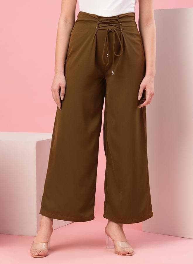 Olive Brown High-Rise Loose Fit Drawstring Trousers - Image 1