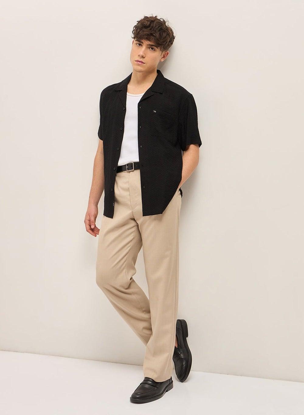 Men’s Black Ribbed Shirt – Slim Fit Short Sleeve Classic - Image 1