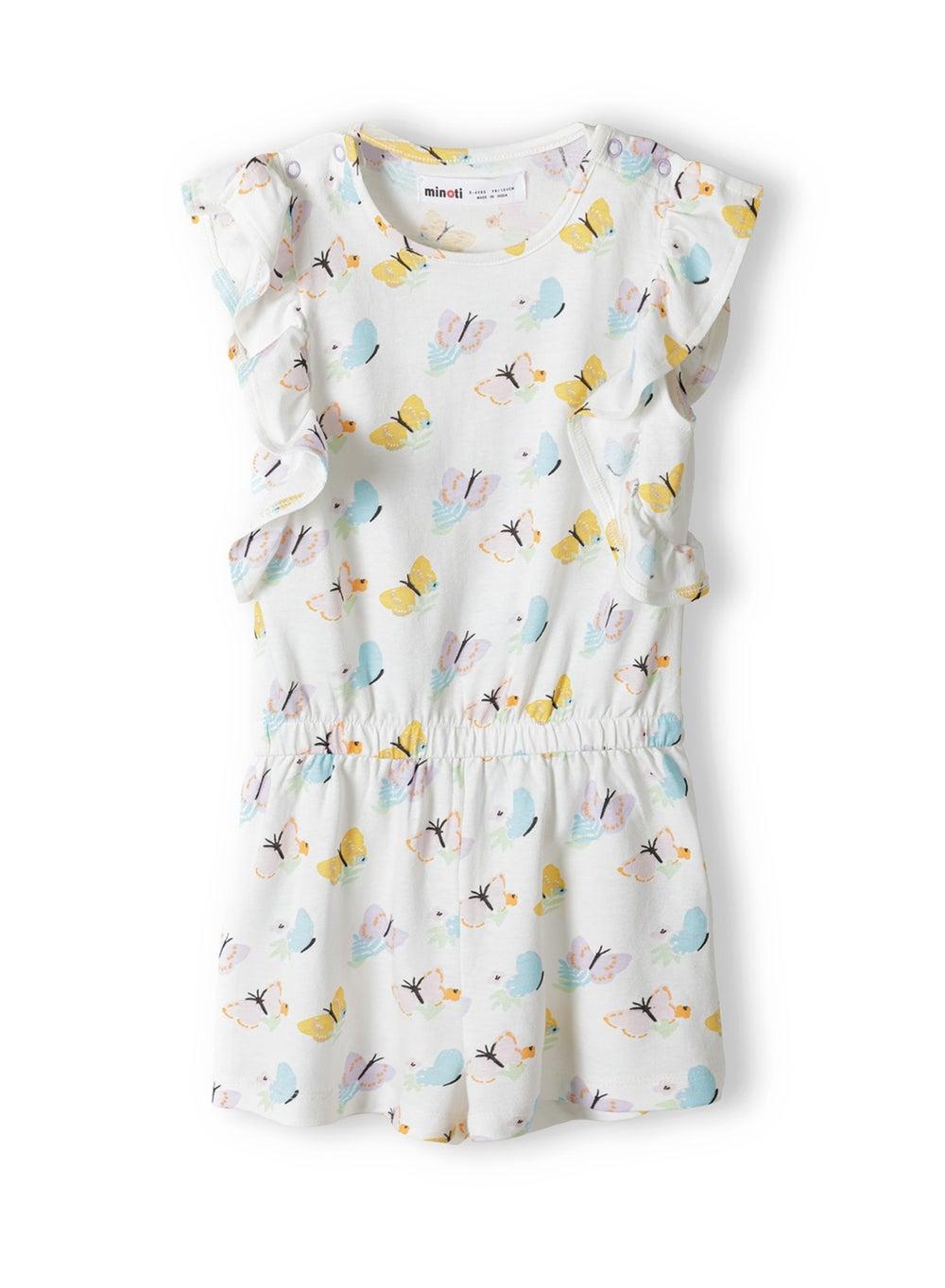 Cream Printed Girls Playsuit with Frilled Sleeves - Image 1