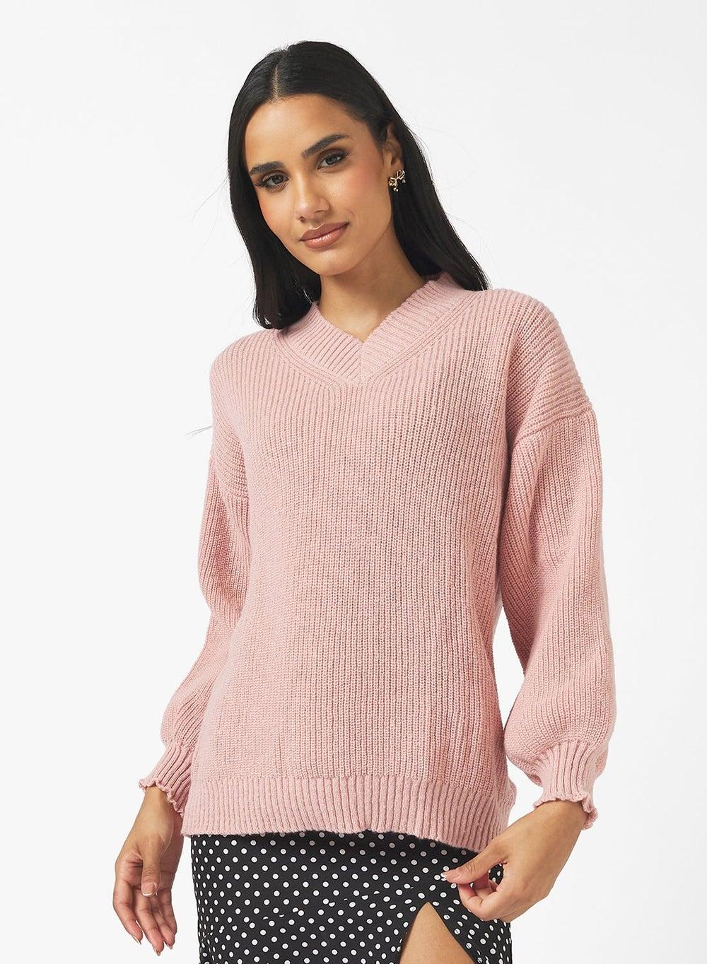 Pink V-Neck Ribbed Jumper Y250520005 - Image 1