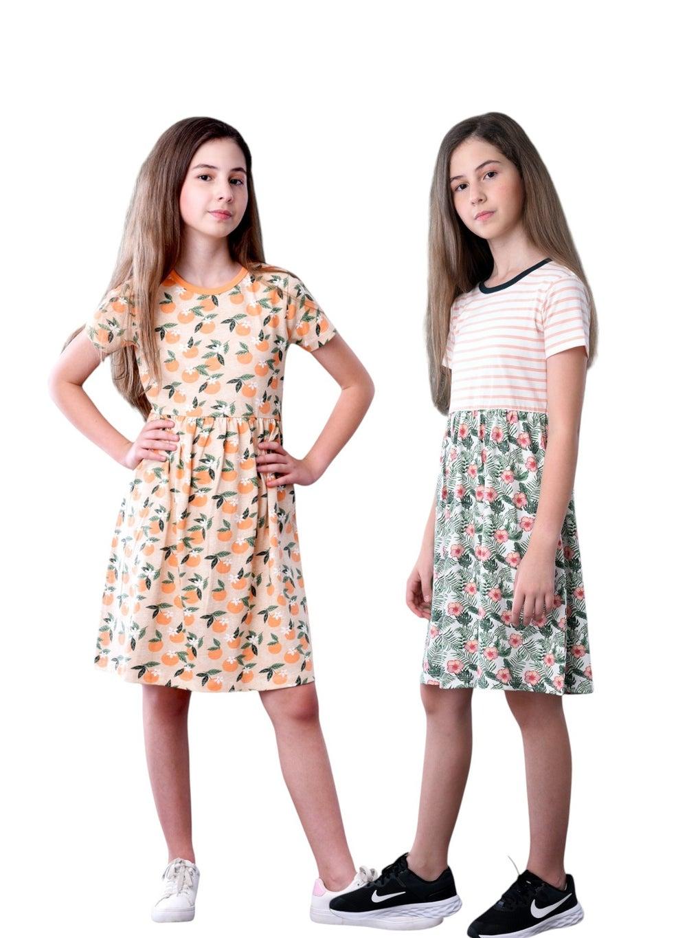 Girls Multicolor Printed Cotton Jersey Midi Dress - Image 1
