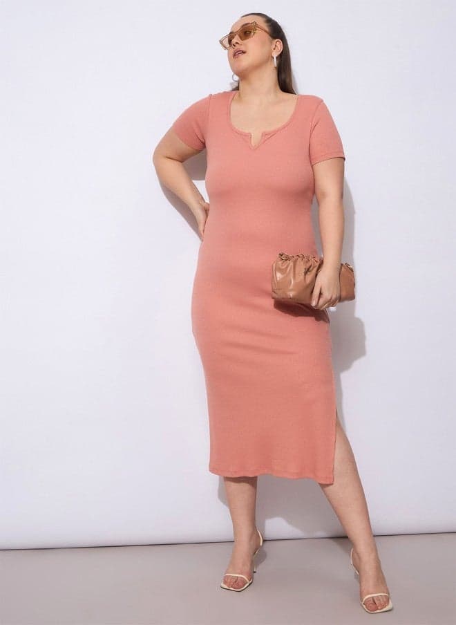 Coral Ribbed Sheath Midi Dress – Bodycon Elegance - Image 1