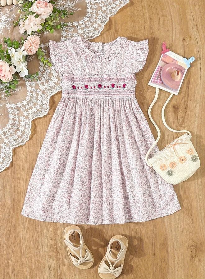 Girls Pink Floral Smocked Midi A-Line Dress - Image 1