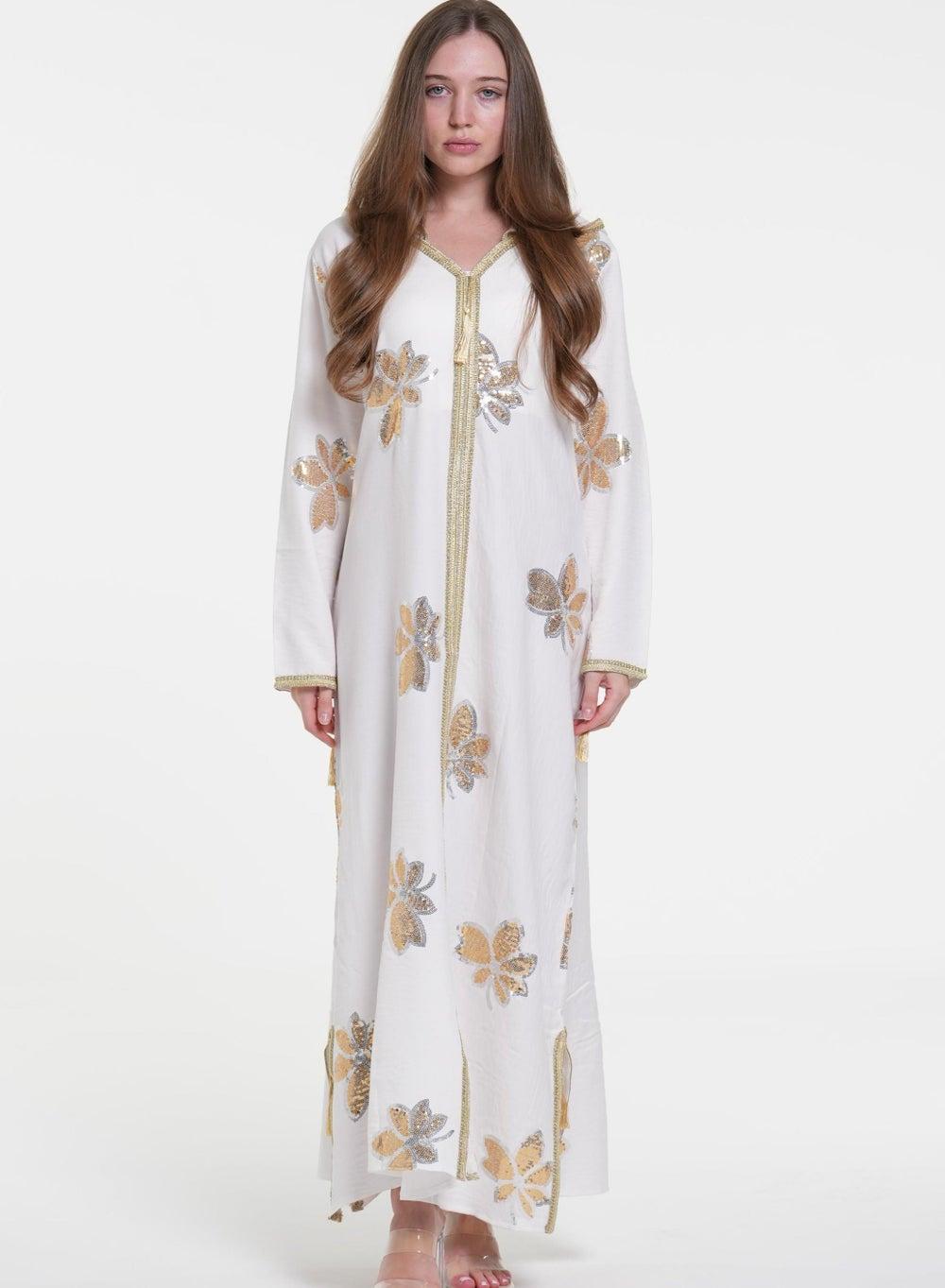 White Linen Cotton Jalabiya V-Neck Syrian Dress - Image 1