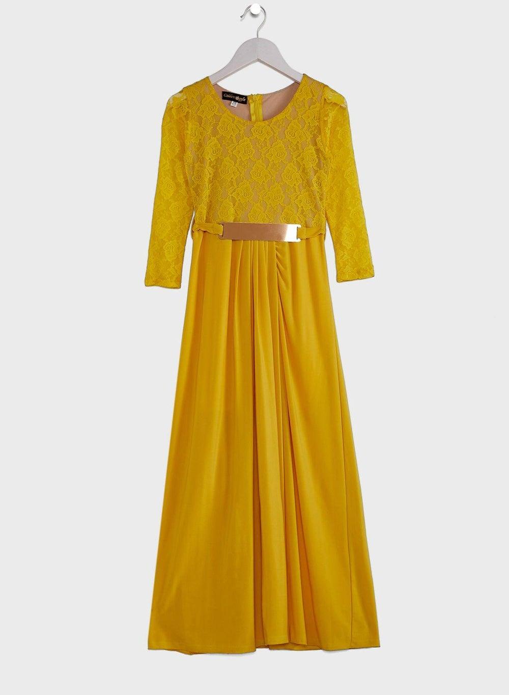 Golden Yellow Girls A-Line Embroidered Maxi Dress - Image 1
