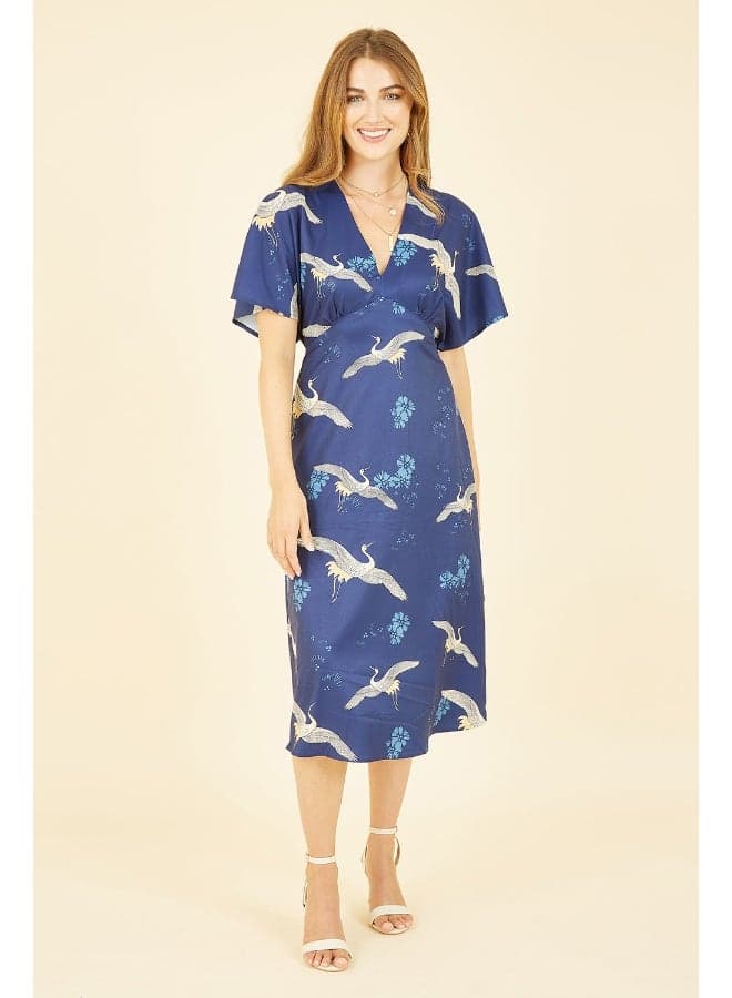 Royal Blue Crane Print Midi Wrap Dress - Image 1