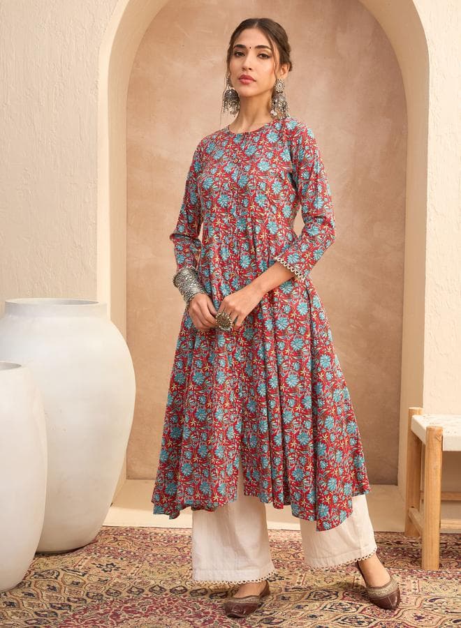 Red Floral Buttoned Pocket Cotton Kurta - Image 1