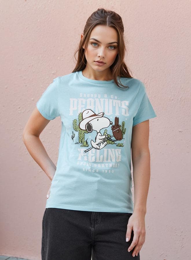 Peanuts Print Blue Crew Neck Cotton Blend T-Shirt - Image 1