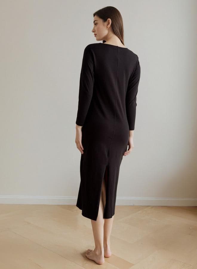 Black Cotton Long Sleeve Night Dress with Back Slit - Image 1