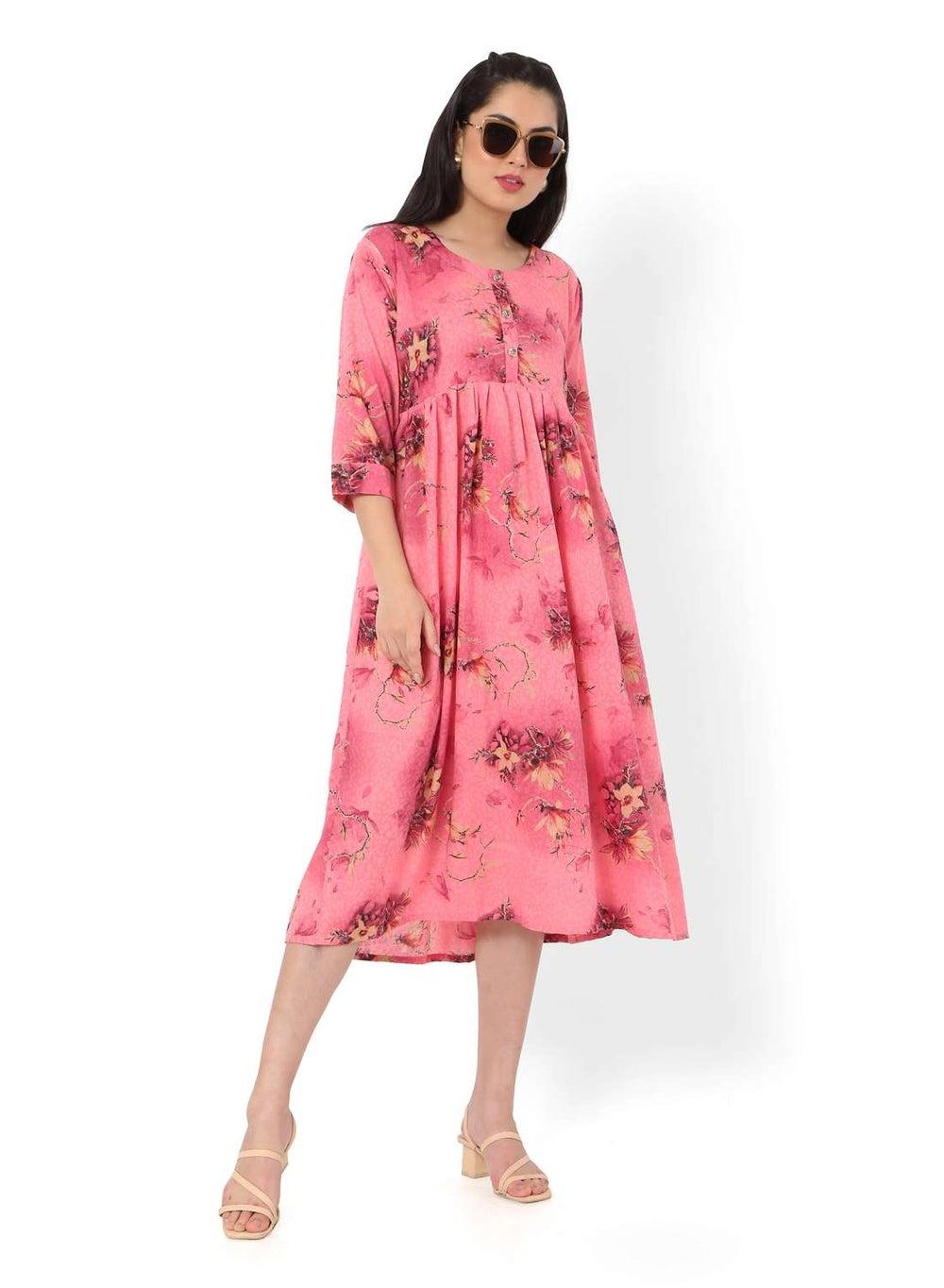 Pink Floral Buttoned Arabic Jalabiya Dress - Image 1
