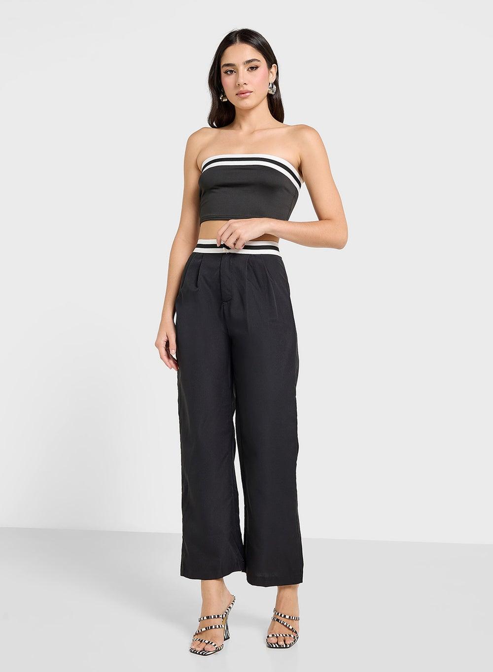 Black Contrast Bandeau Crop & Wide Leg Co-Ord Set - Image 1
