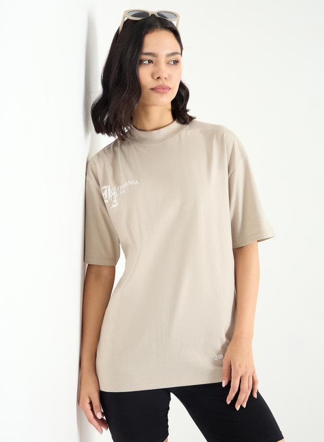 Slogan Graphic Oversized Cotton T-Shirt Brown - Image 1