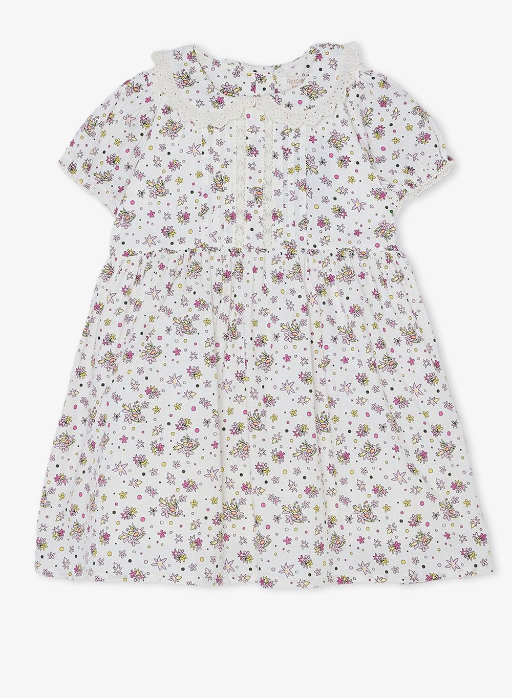 Girls Floral Cotton A-Line Dress with Lace Collar - Image 1
