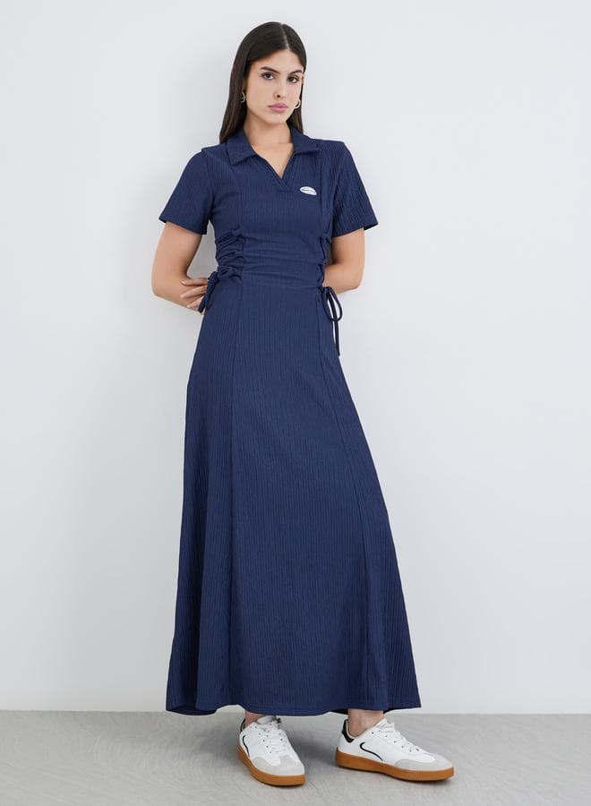 Textured Waist Tie-Up Collared Maxi Dress Blue - Image 1