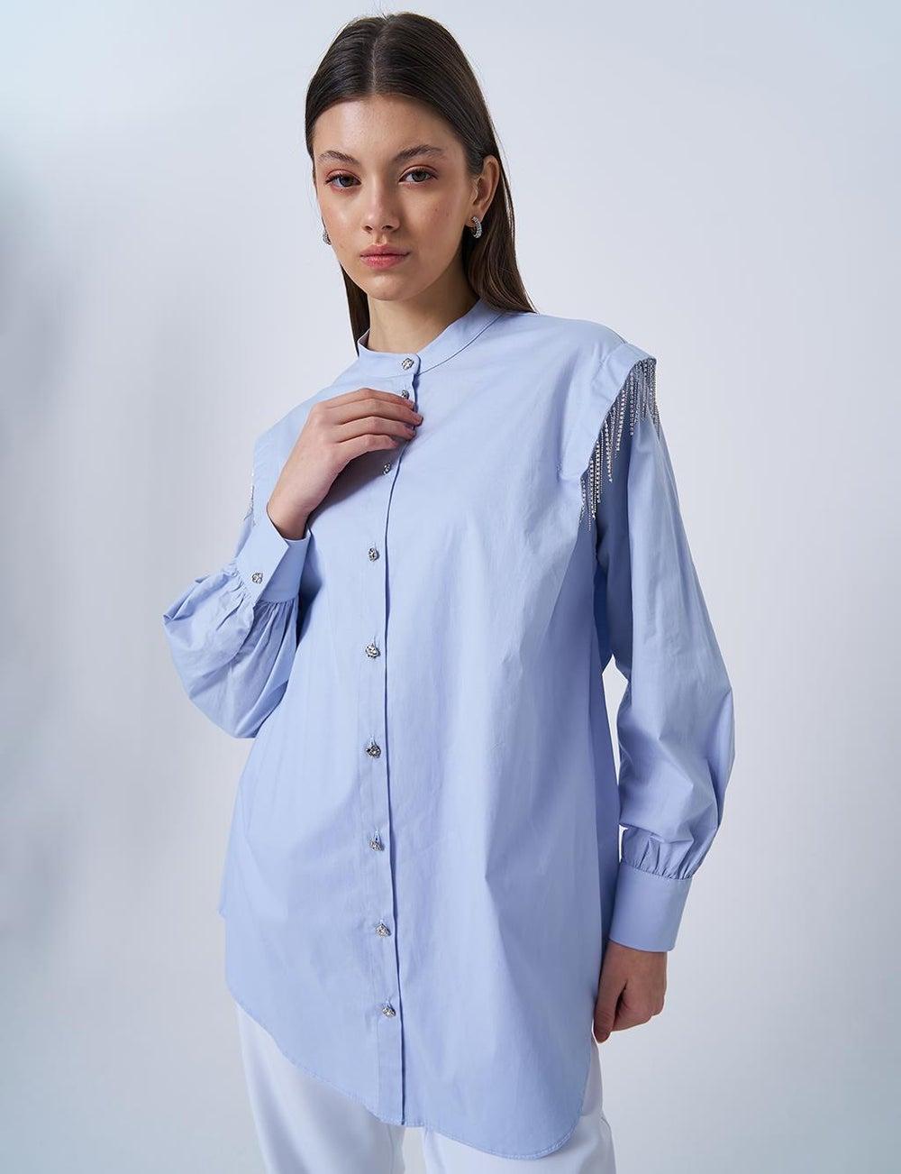 Ribbon Stone Poplin Tunic Blue – Striped Detail Cotton - Image 1