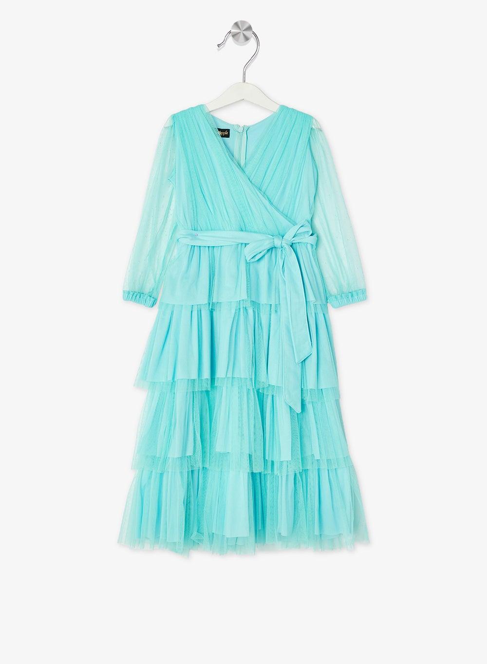 Aqua Tiered Tulle Midi Dress for Girls - Image 1
