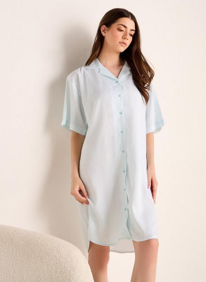 Green Striped Notch Collar Viscose Sleepshirt - Image 1