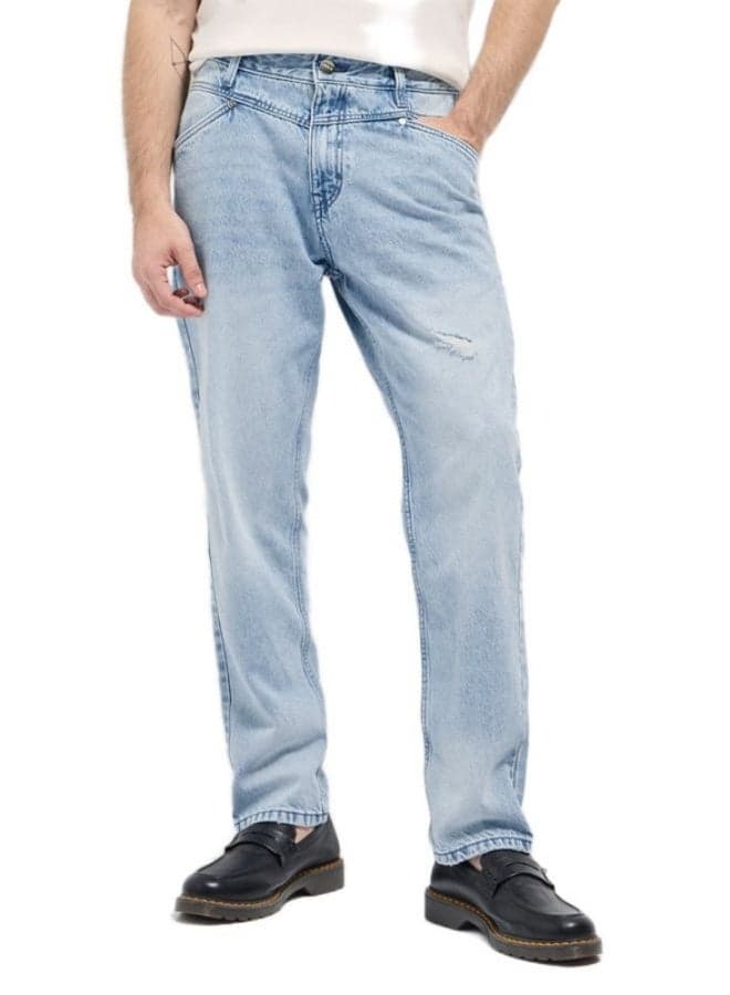 Men’s Light Fade Distressed Patch Relaxed Fit Jeans - Image 1