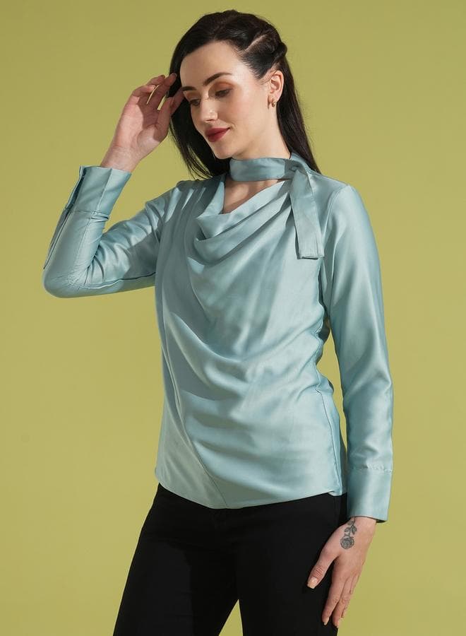 Globus Green Cowl Neck Tie-Up Blouse Top - Image 1