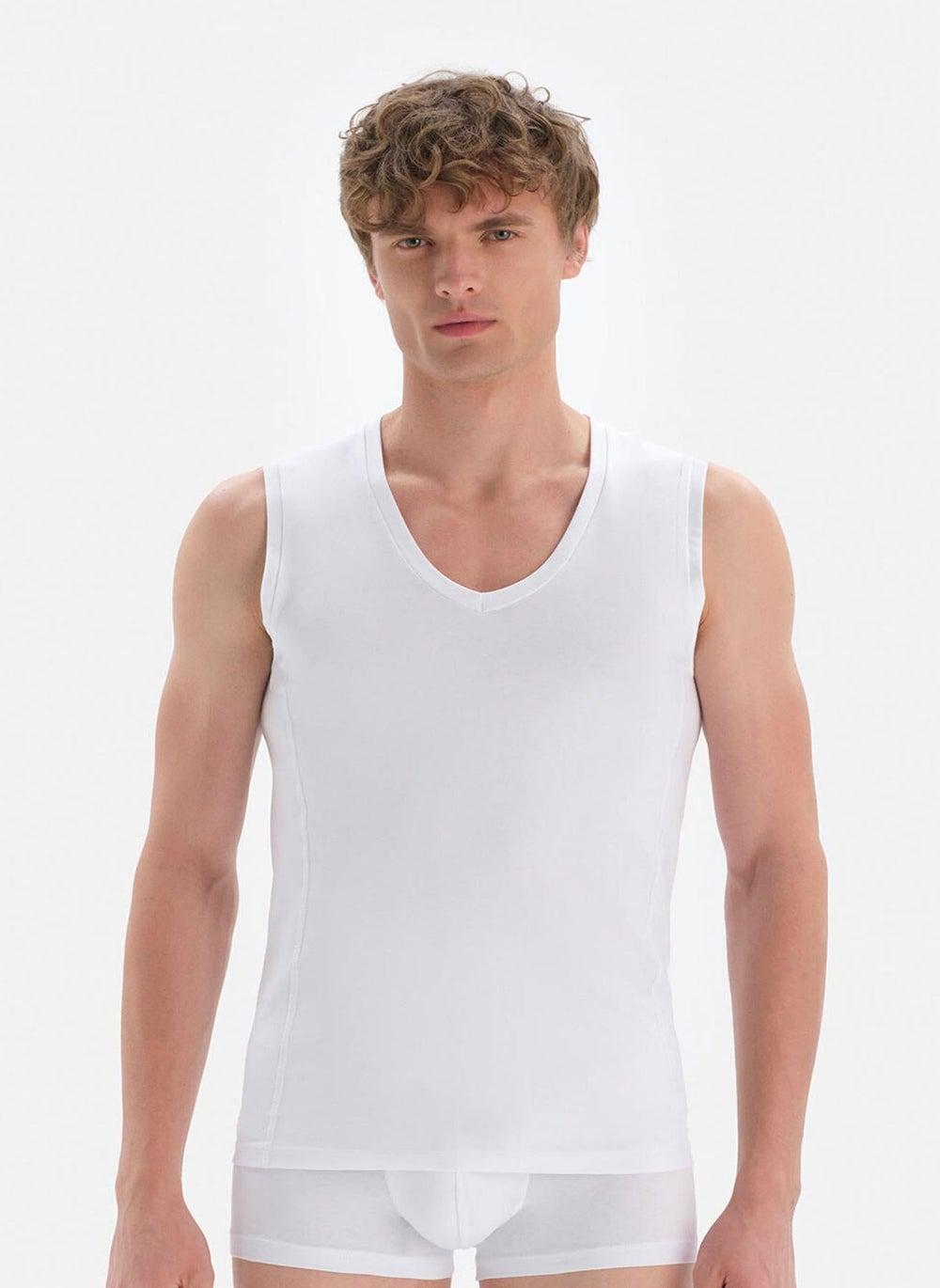 Men’s White V-Neck Cotton Blend Slim Fit Undershirt E011000430 - Image 1