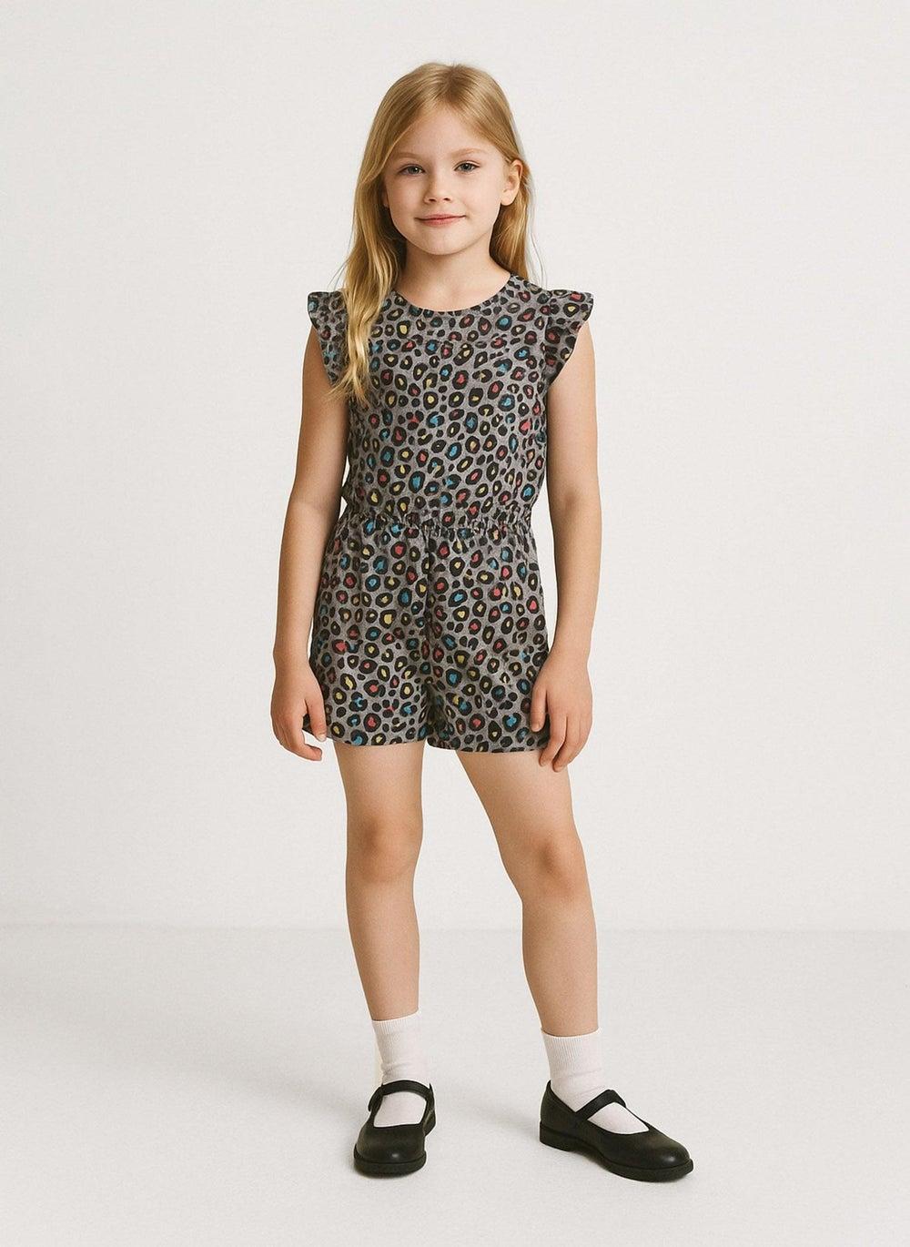 Girls Printed Grey Frill Sleeve Cotton Playsuit - Image 1