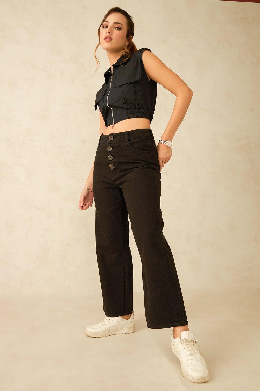 Black High-Waist Wide Leg Cotton Jeans with Horn Buttons - Image 1