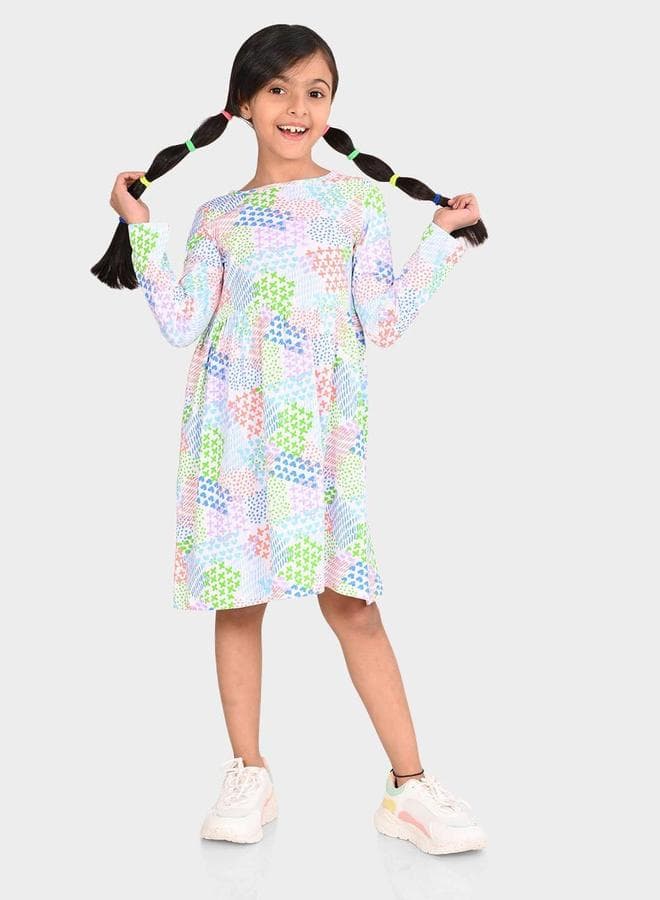 Girls Multicolour Cotton Printed A-Line Dress - Image 1