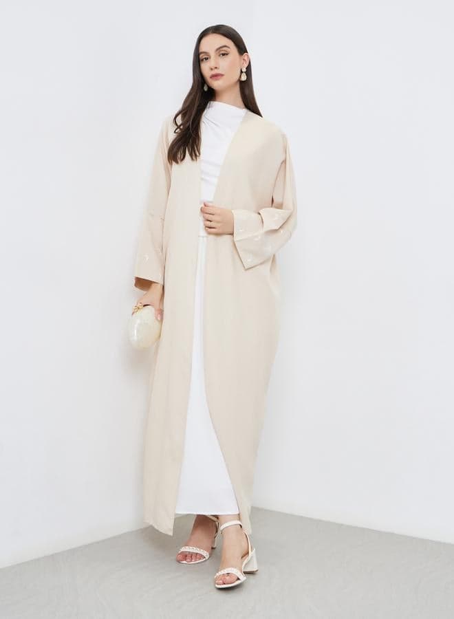 Cream Embroidered Sleeve Open Front Abaya - Image 1