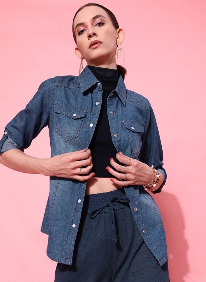 Street 9 Deep Blue Slim Fit Denim Shirt - Image 1