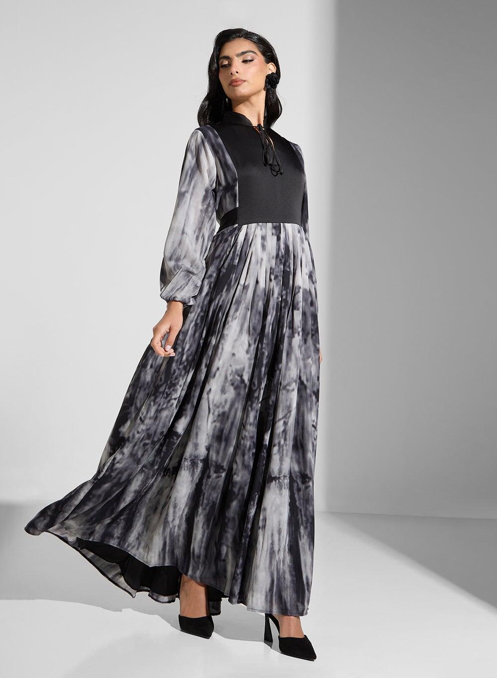 Black Printed Jalabiya Dress Long Sleeve Classic Fit - Image 1