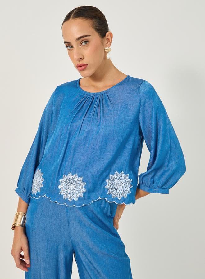 Blue Embroidered Balloon Sleeve Blouse 7011902603 - Image 1