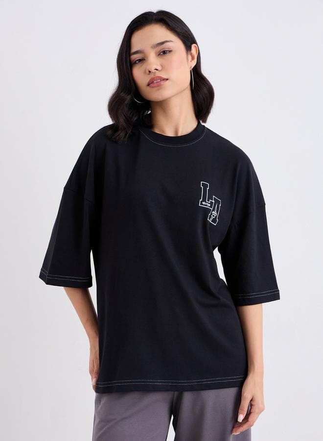 Styli Black Oversized LA Graphic Cotton T-Shirt - Image 1