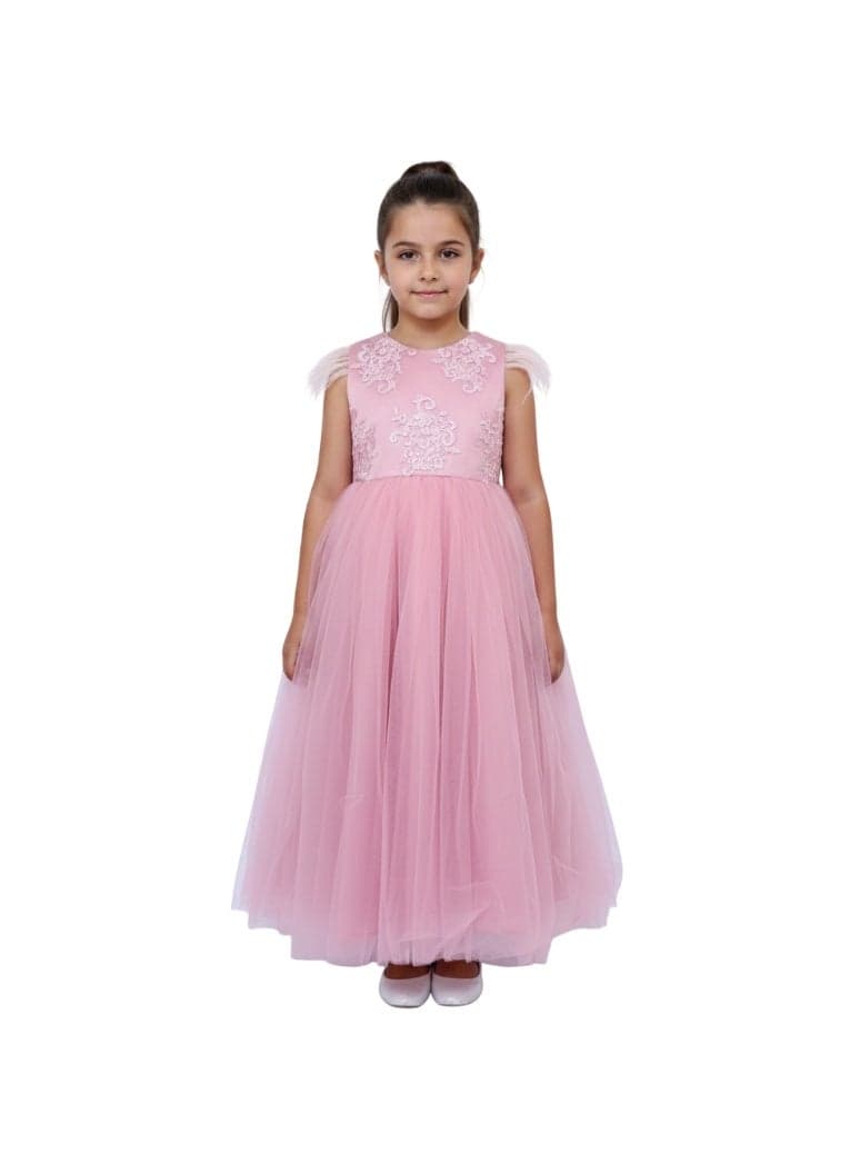 Dusty Pink Feathered Tulle Maxi Dress - Image 1