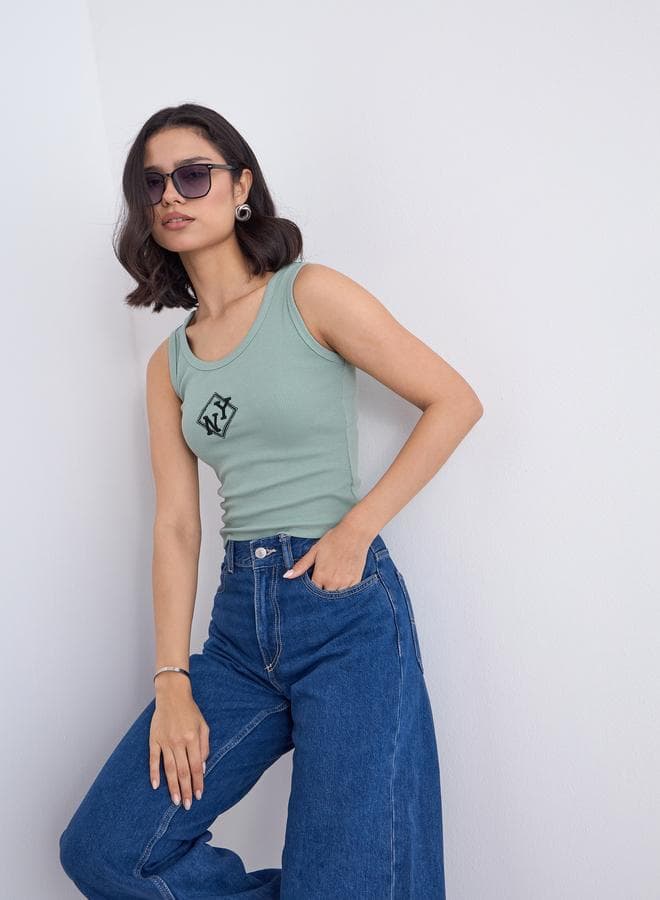 Styli Green Embroidered Skinny Fit Tank Top - Image 1