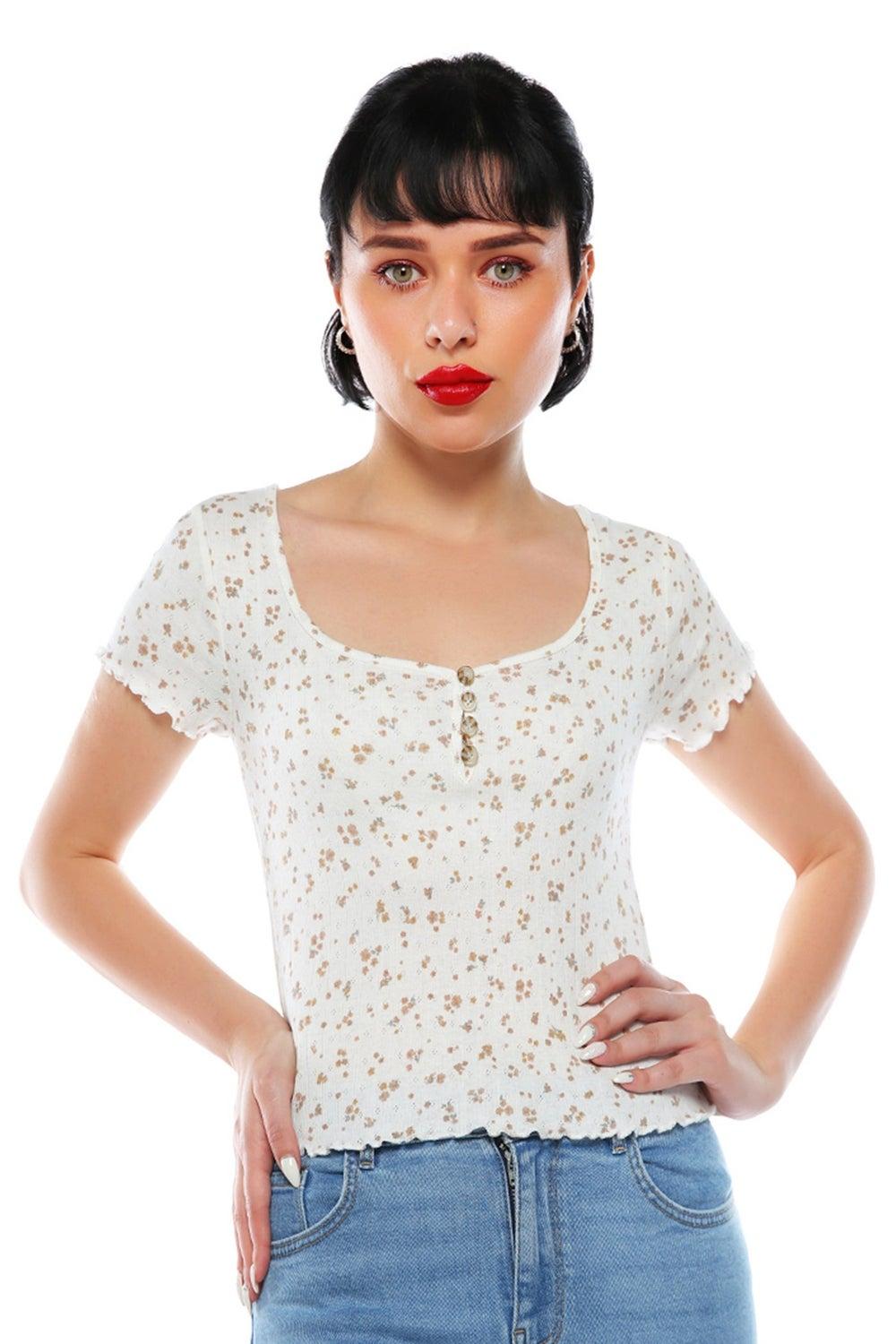 Ivory Ditsy Floral Ribbed Top CL8401 - Image 1