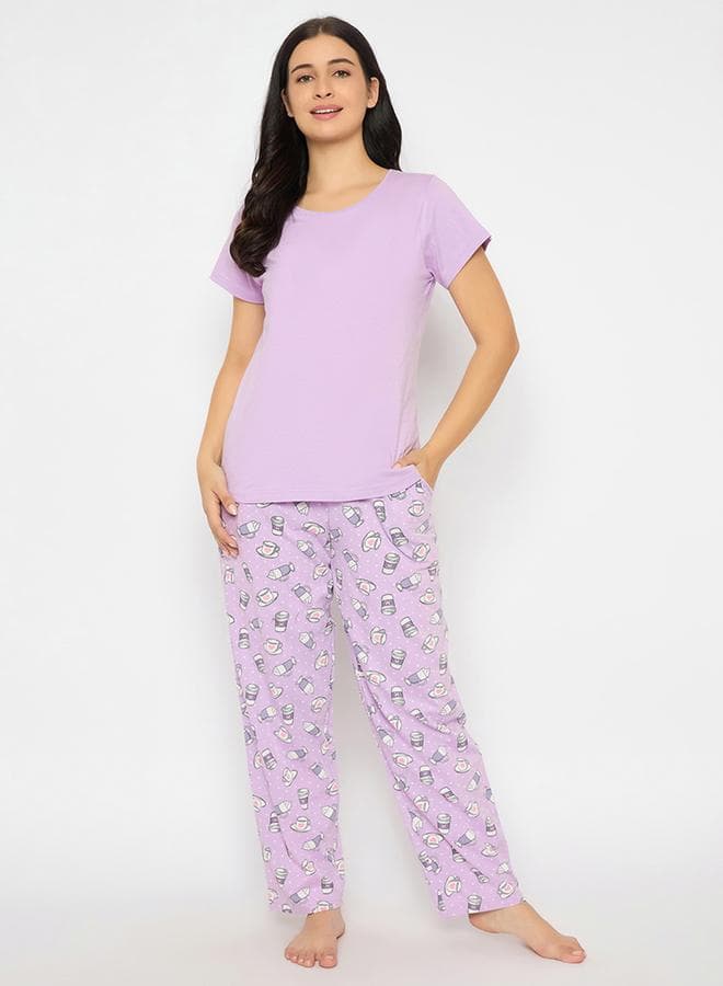 Clovia Purple Cotton T-Shirt & Printed Pyjama Set - Image 1