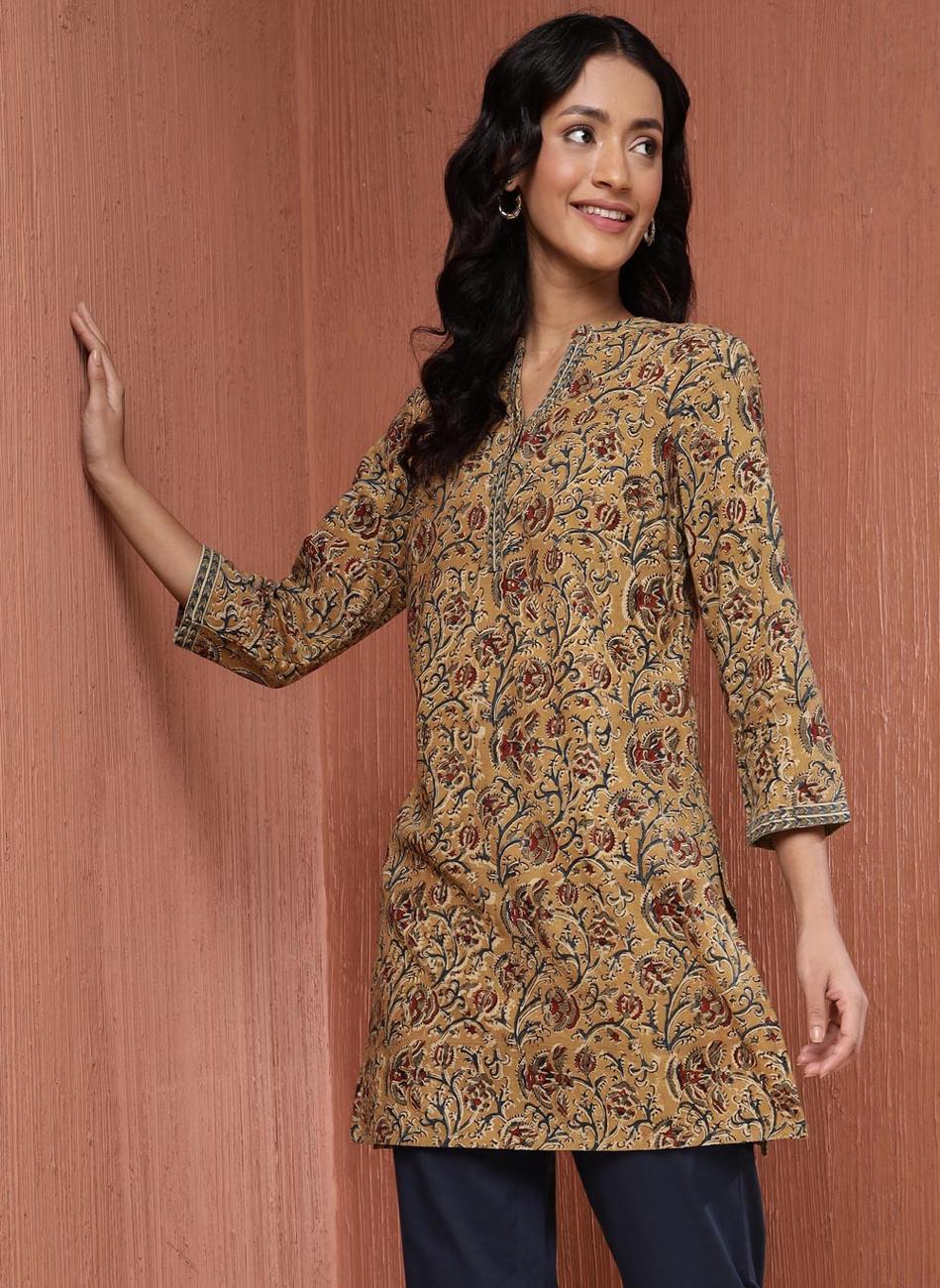 Mustard Cotton Kalamkari Printed Short Kurta - Image 1
