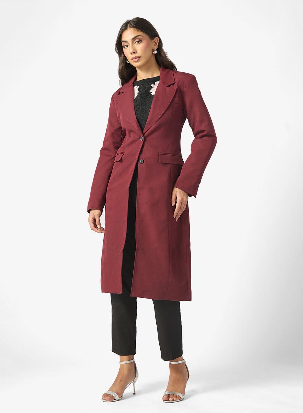 Burgundy Longline Collared Overcoat Clt255239 - Image 1