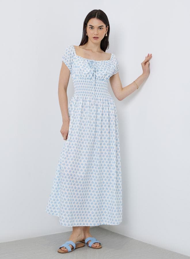 Take Two Floral Smocked Midi Dress in Light Blue - Image 1