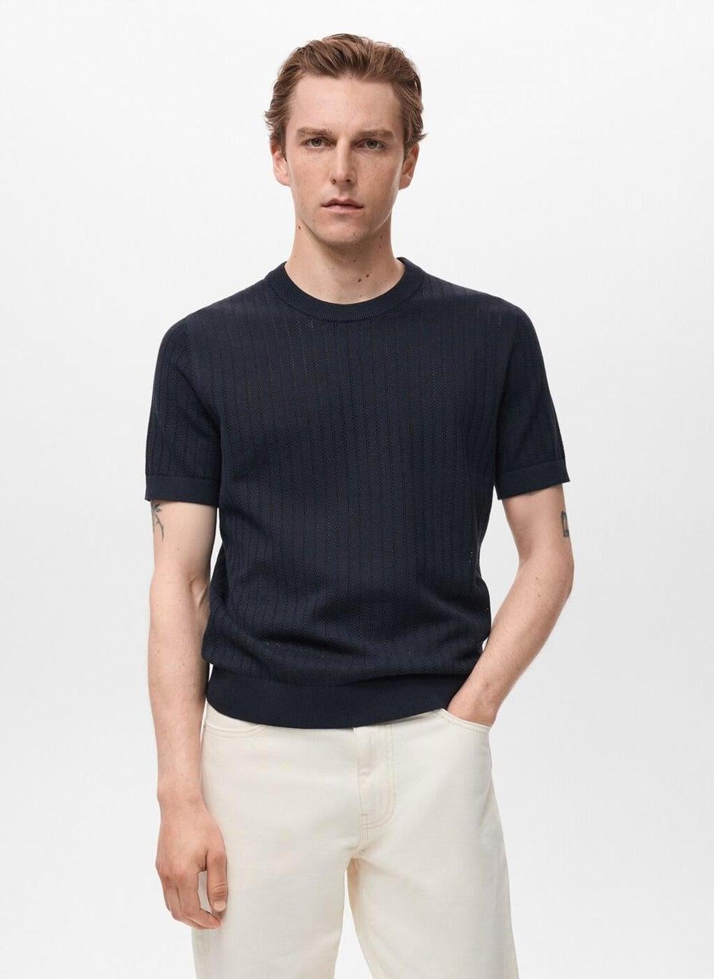 Striped Openwork Cotton T-Shirt in Navy 56 - Image 1