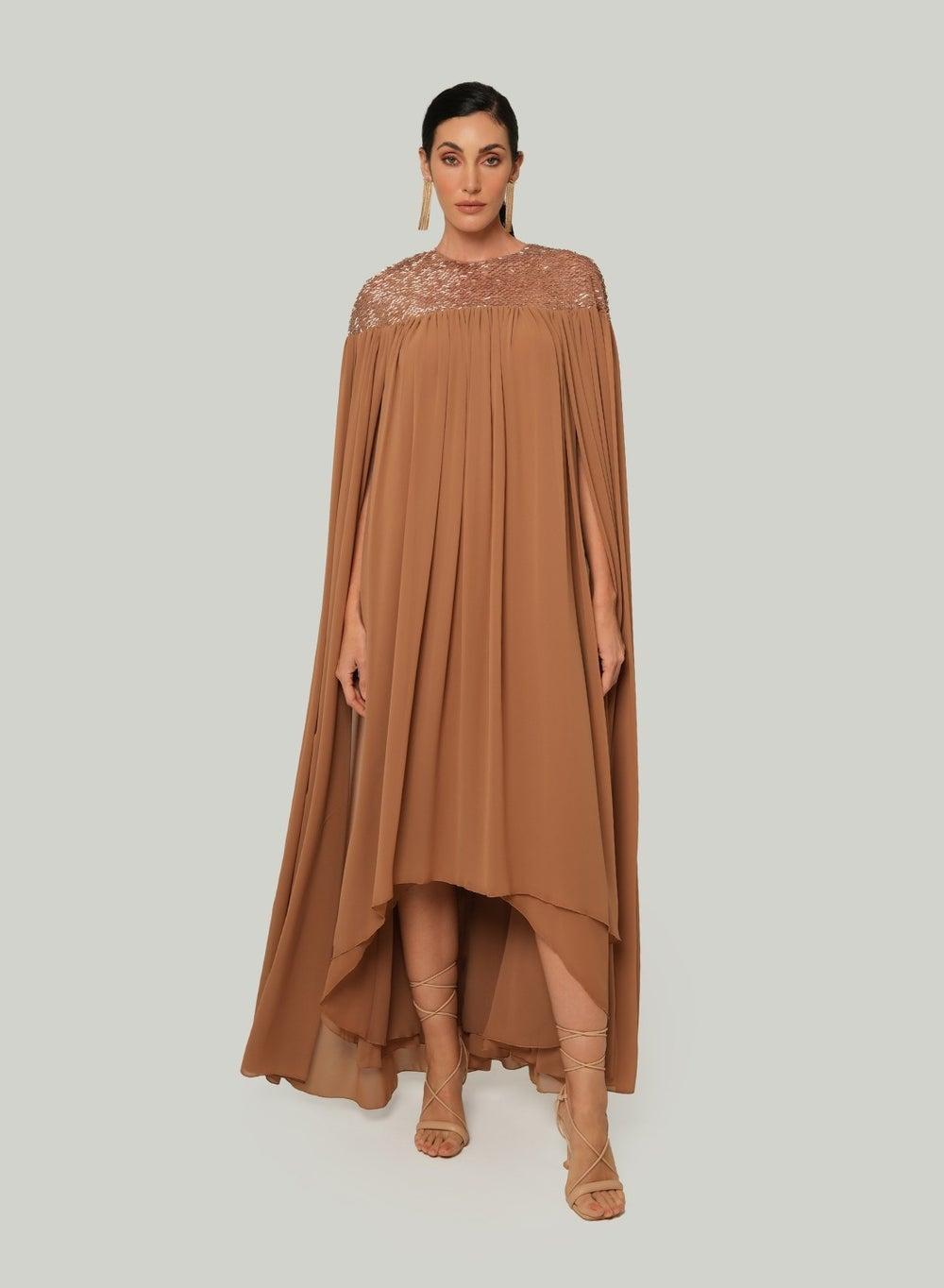 Huda Copper Embellished Kaftan with Asymmetric Hem - Image 1
