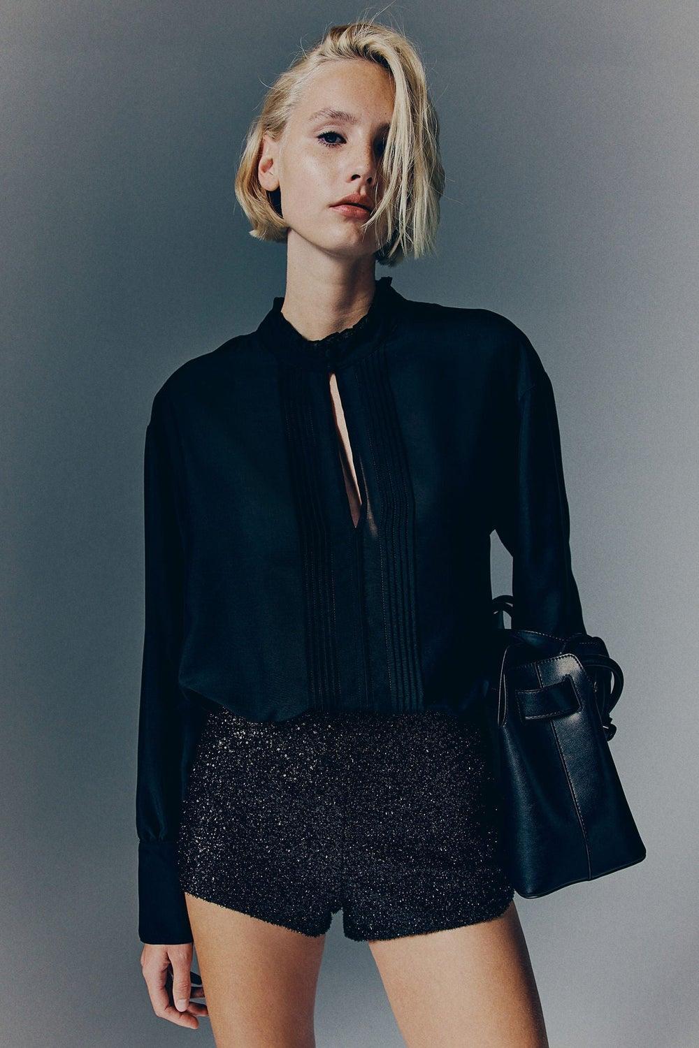 Sheer Pintuck High-Neck Blouse 1253612240 - Image 1