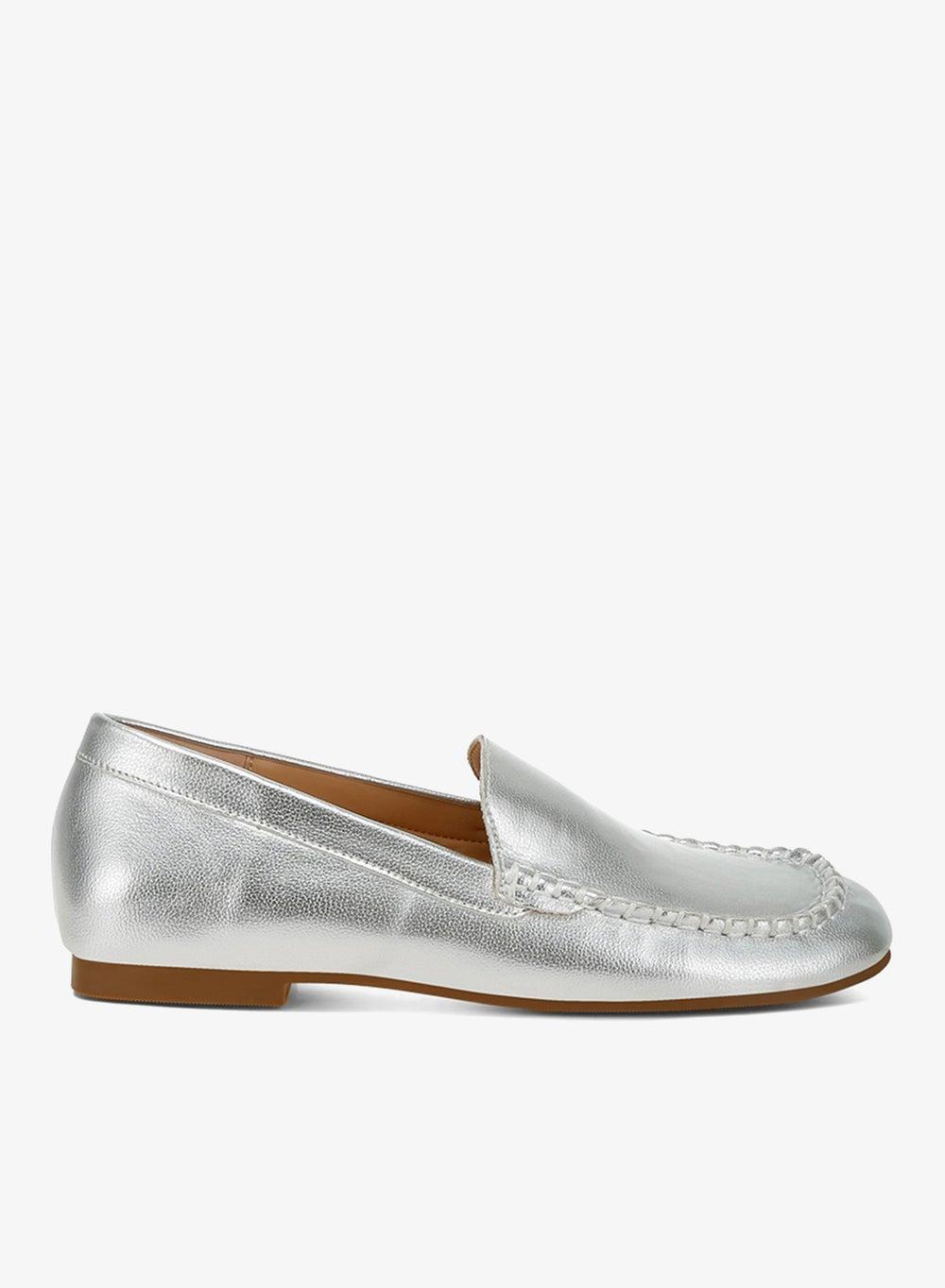 Silver Metallic Pleather Loafers Sh5121 Low Heel - Image 1