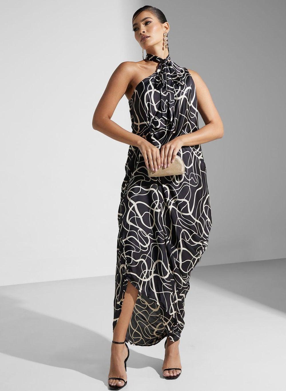 Black One Shoulder Tie Neck Maxi Wrap Dress - Image 1
