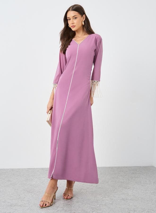 Mauve V-Neck A-Line Maxi Dress with Tassel Detail - Image 1
